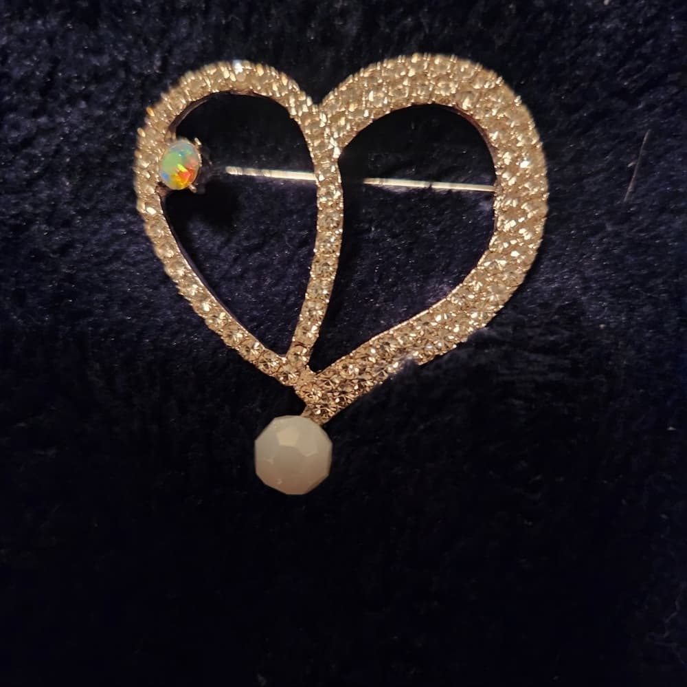 Vintage Double Heart Rhinestone Brooch with Opal Accent Gold Tone