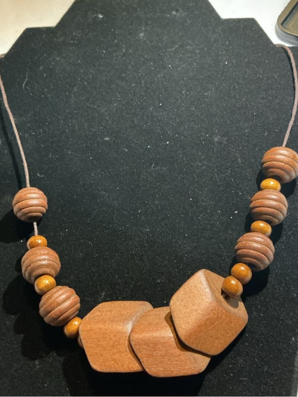 Wood Bead Statement Necklace Geometric Pendant Boho Cord