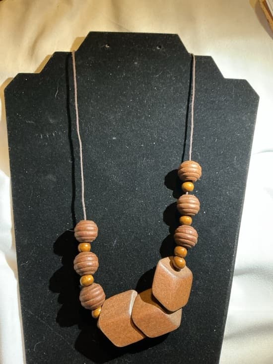 Wood Bead Statement Necklace Geometric Pendant Boho Cord - Thumbnail 4