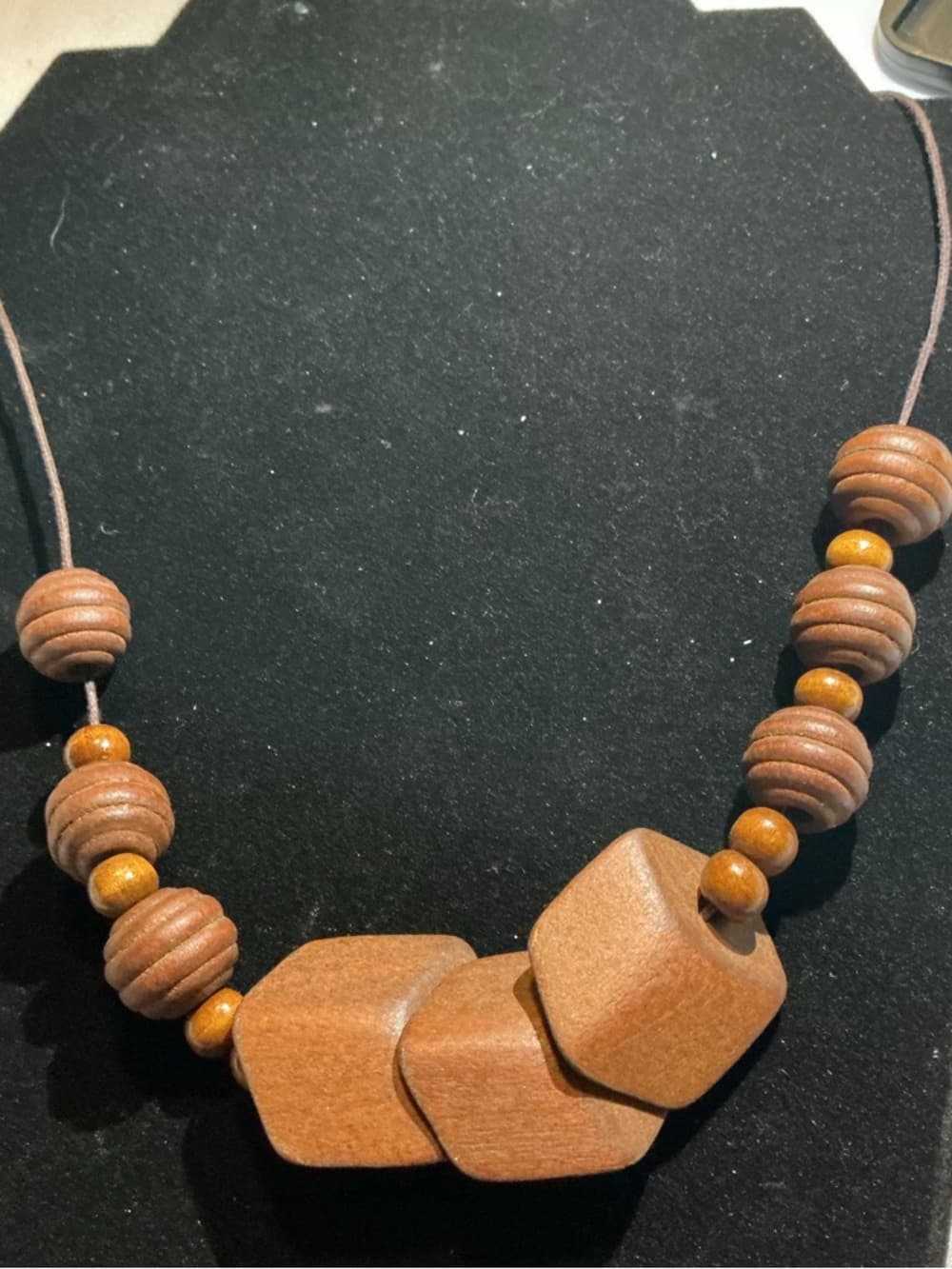 Wood Bead Statement Necklace Geometric Pendant Boho Cord - Thumbnail 2