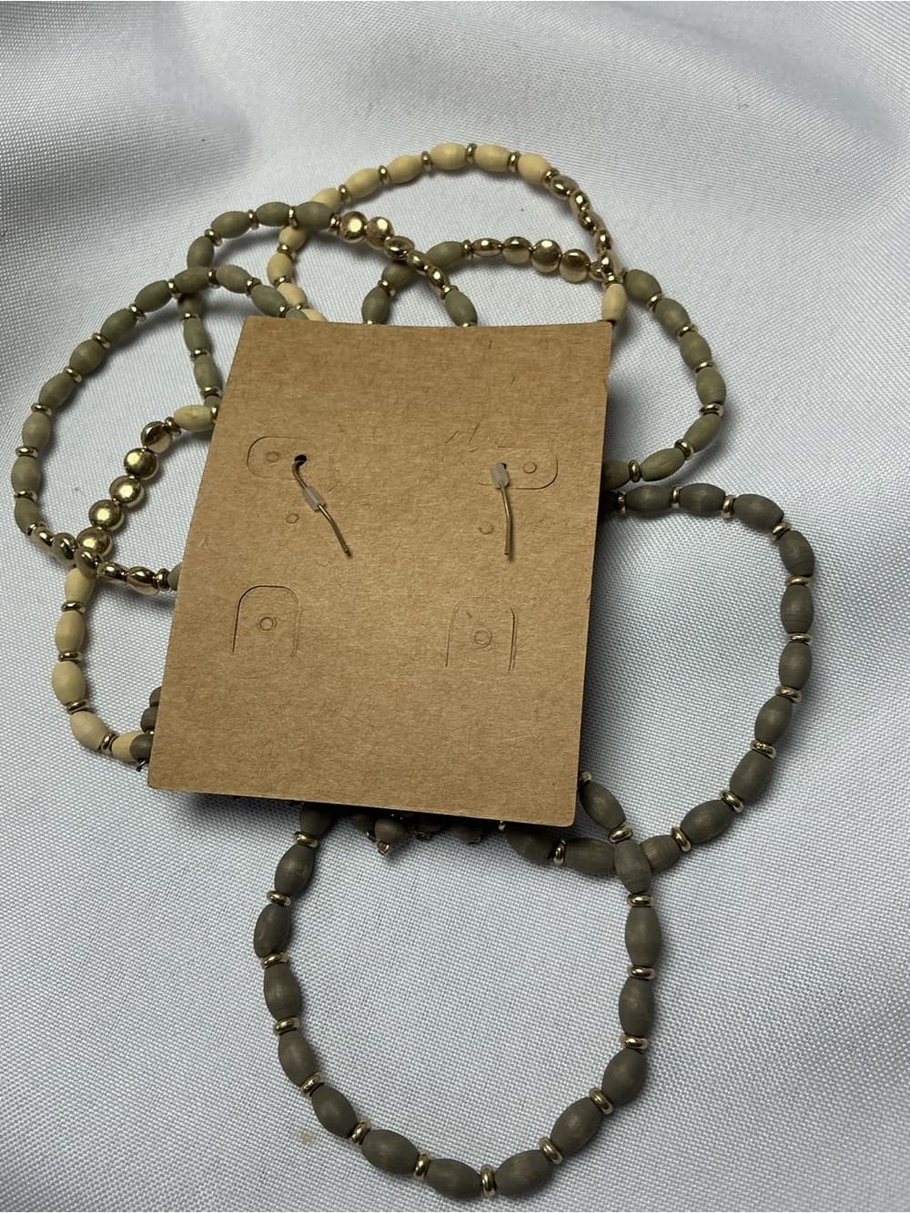 ★ Boho Wood Bead Tassel Earrings & Stack Bracelet Set Neutral Gold - Thumbnail 6