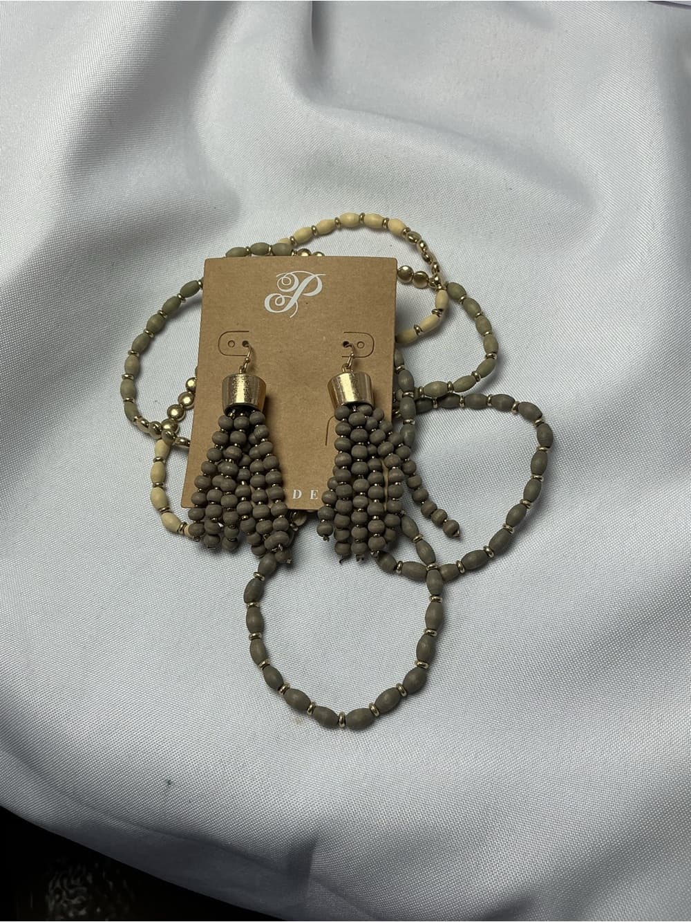 ★ Boho Wood Bead Tassel Earrings & Stack Bracelet Set Neutral Gold - Thumbnail 2