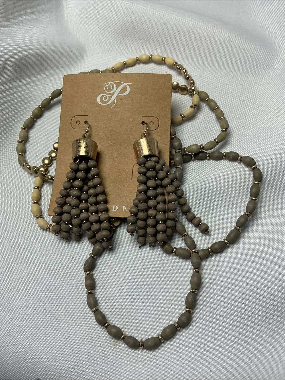 ★ Boho Wood Bead Tassel Earrings & Stack Bracelet Set Neutral Gold