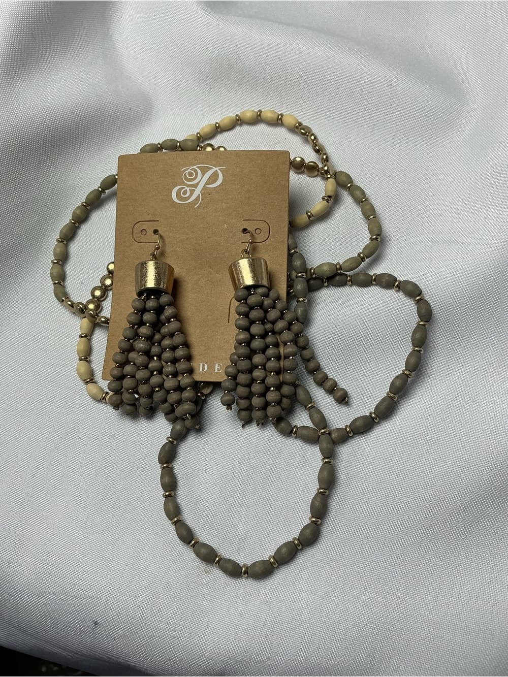★ Boho Wood Bead Tassel Earrings & Stack Bracelet Set Neutral Gold - Thumbnail 4