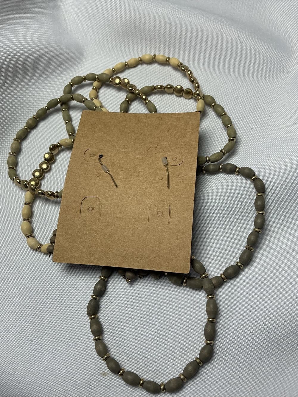 ★ Boho Wood Bead Tassel Earrings & Stack Bracelet Set Neutral Gold - Thumbnail 5