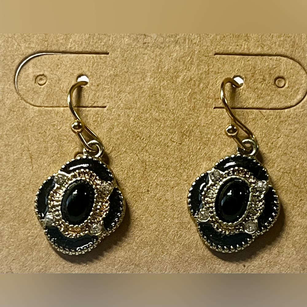 Black Gold Tone Necklace Earrings Set Rhinestone Pendant Vintage Style - Thumbnail 4