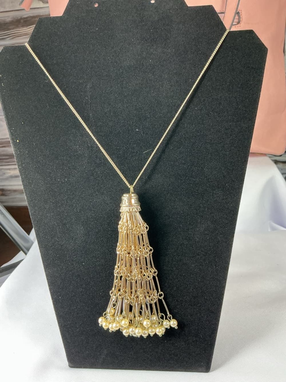 Gold Tassel Necklace Pearl Fringe Long Chain Statement Boho Chic - Thumbnail 5