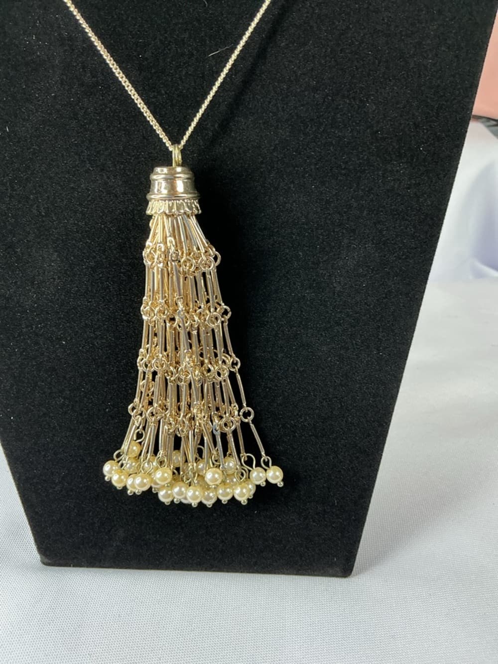 Gold Tassel Necklace Pearl Fringe Long Chain Statement Boho Chic