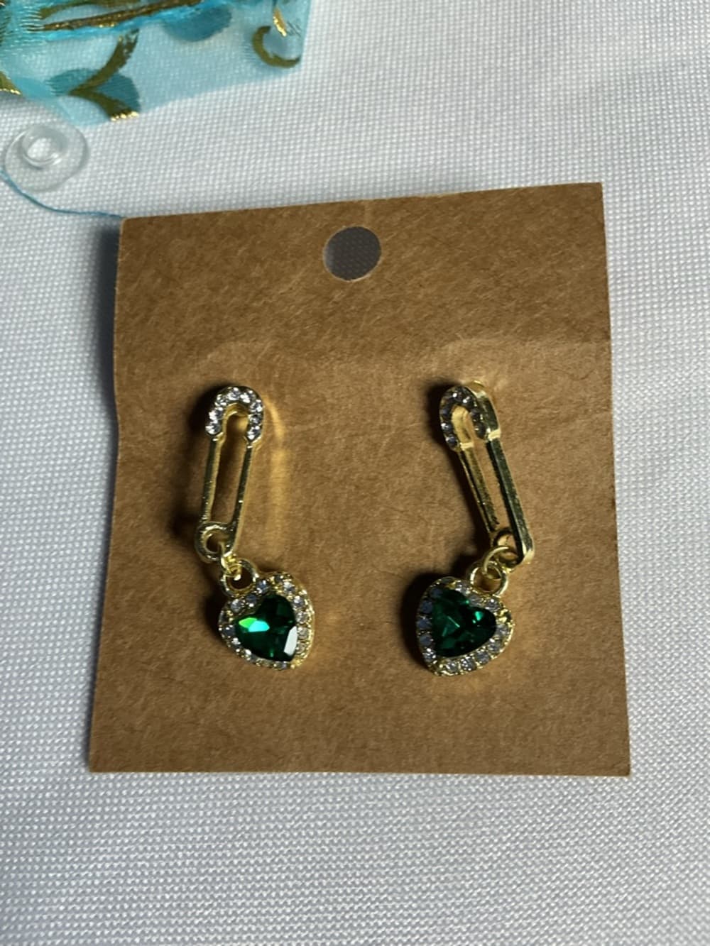 Gold Tone Safety Pin Green Heart Rhinestone Dangle Earrings