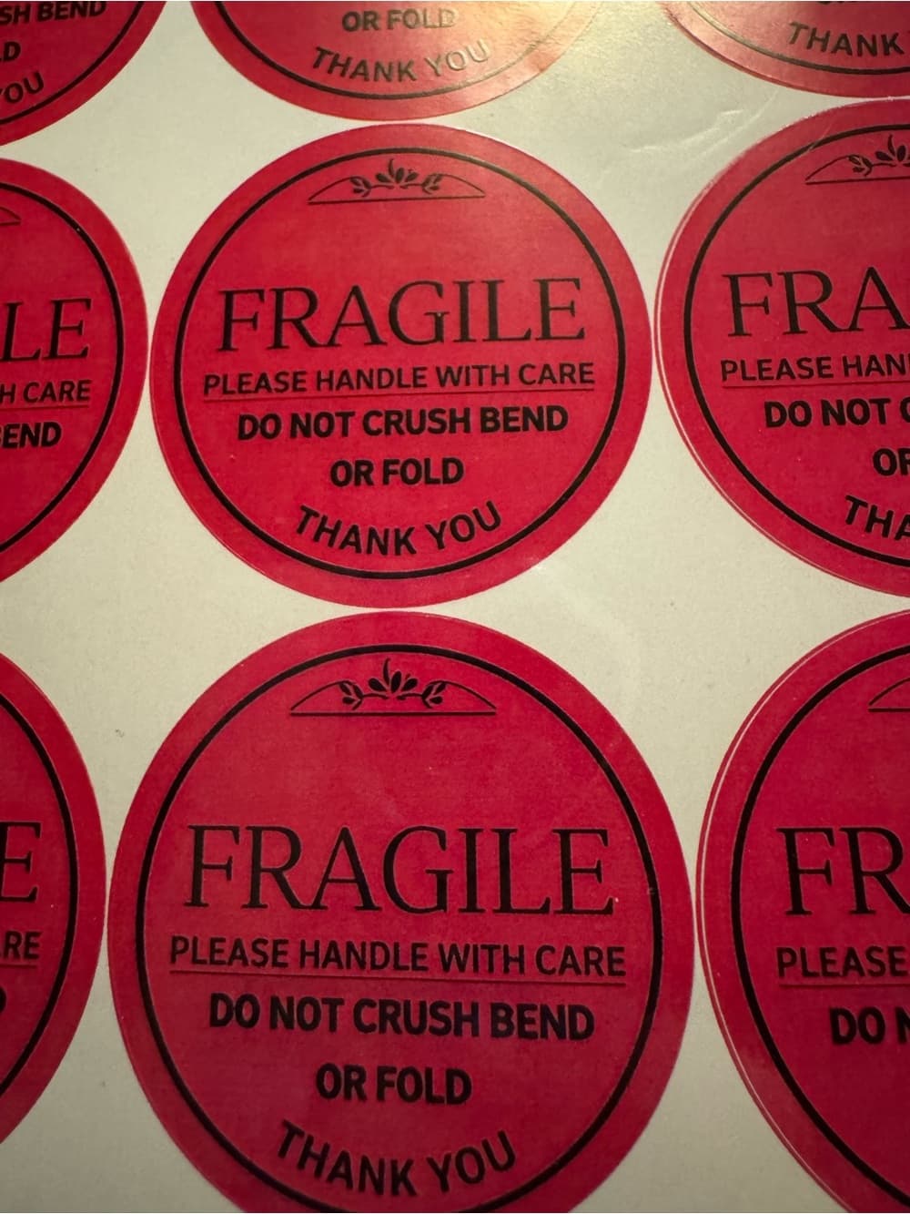 ★ 48 Fragile Thank You Warning Stickers Round Red Shipping Labels - Thumbnail 2
