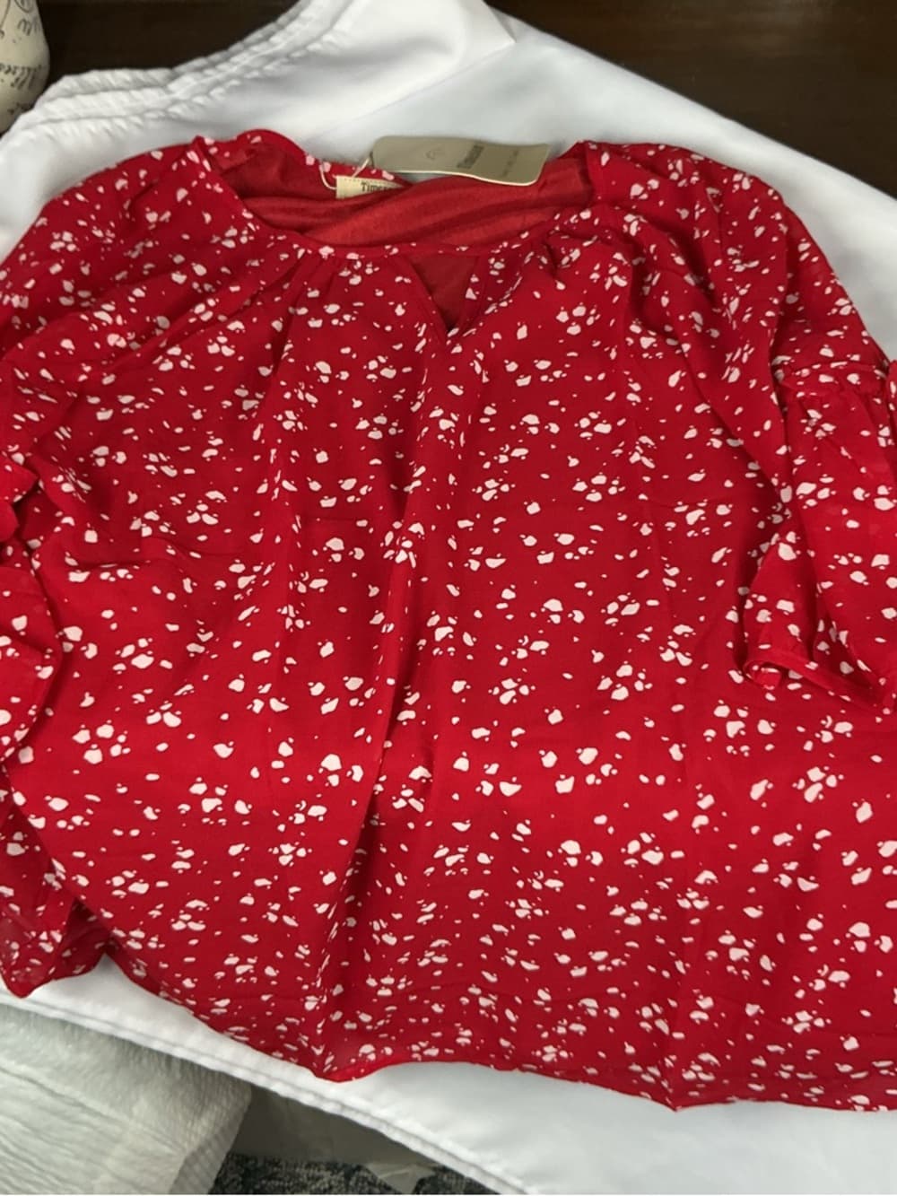 ⭐ NWT Timeson Red White Print Blouse Ruffle Sleeve Top XL - Thumbnail 4