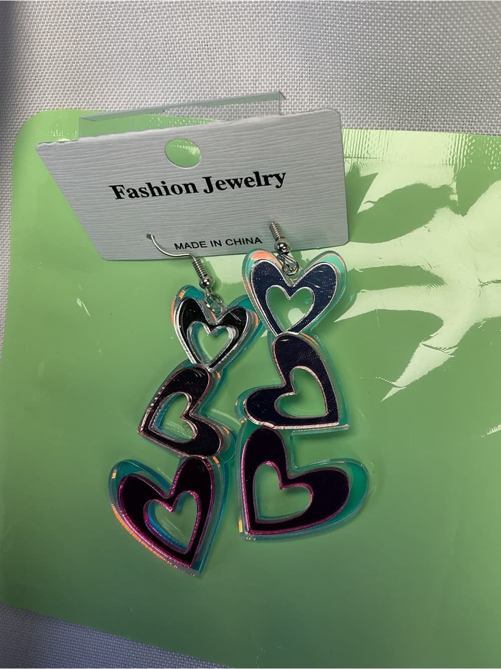 ★Y2K Triple Heart Acrylic Drop Earrings Pink Black Statement - Thumbnail 2