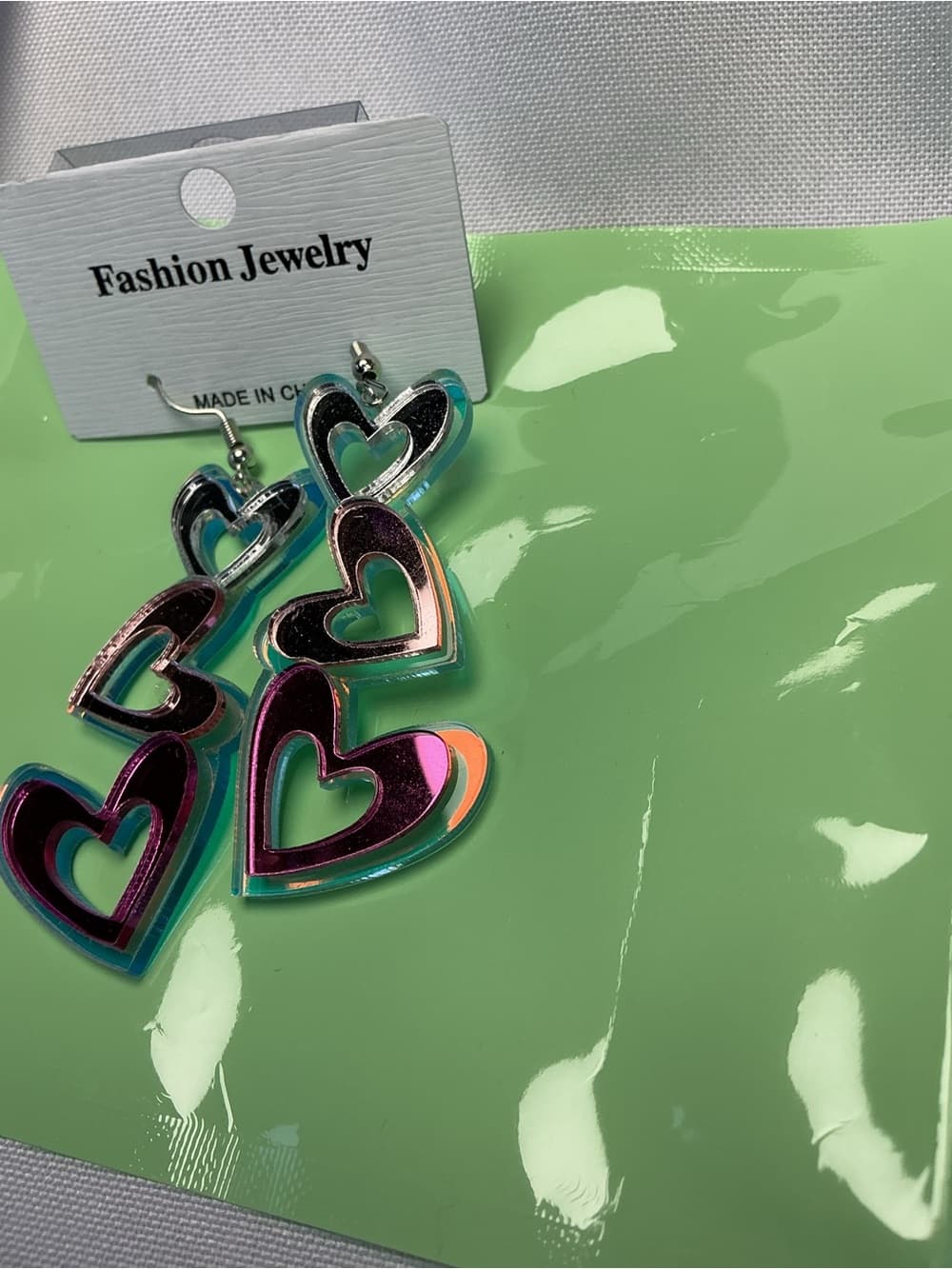 ★Y2K Triple Heart Acrylic Drop Earrings Pink Black Statement - Thumbnail 4