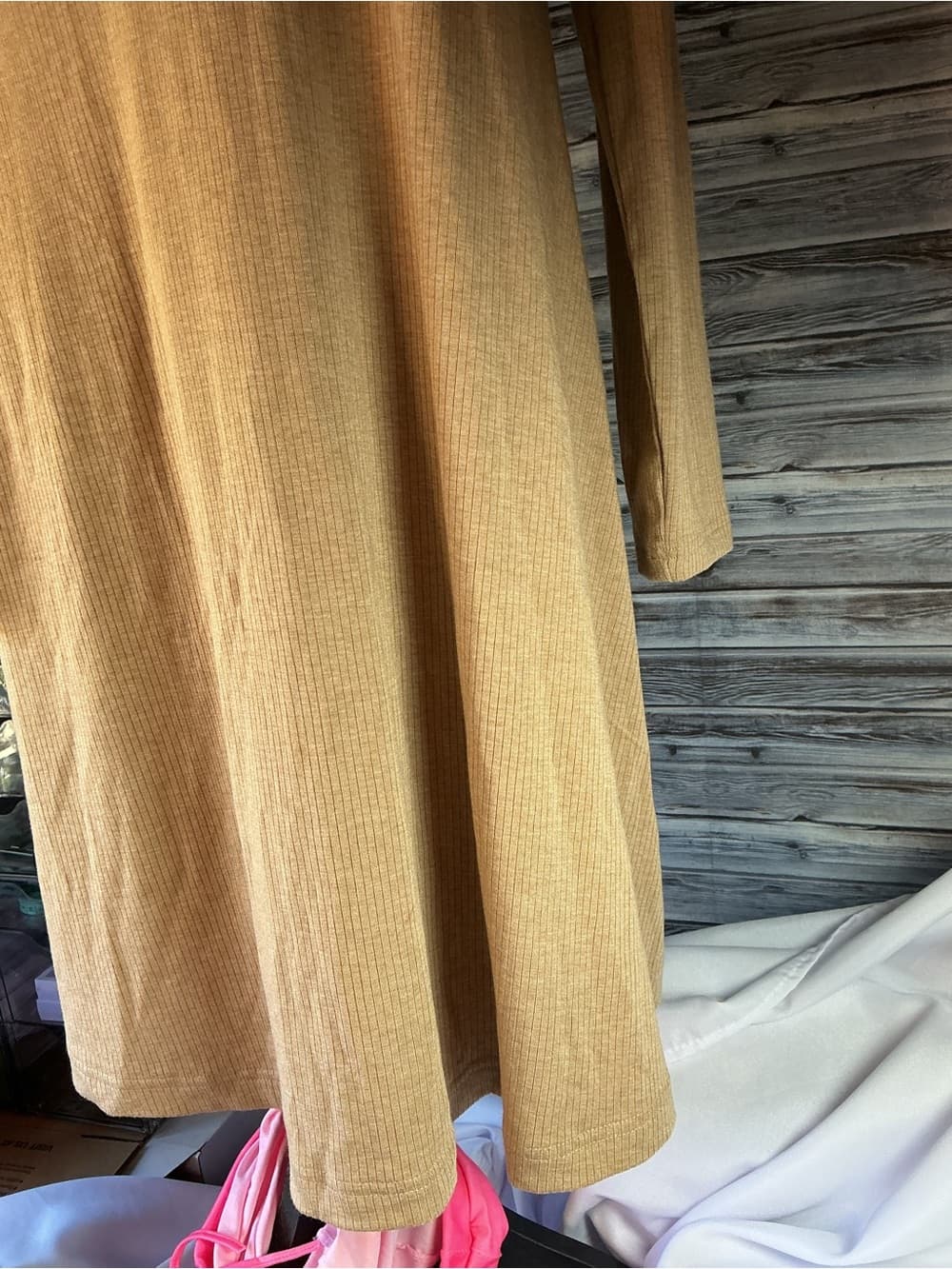 ⭐ Ribbed Camel Long Sleeve Midi Dress Mock Neck Flowy Minimalist - Thumbnail 6