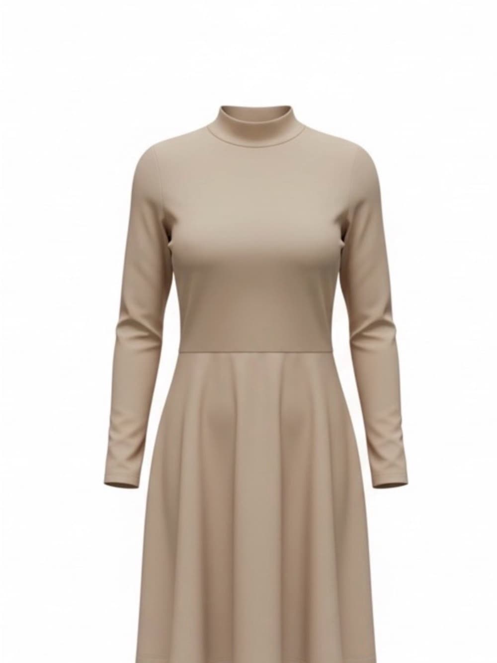 ⭐ Ribbed Camel Long Sleeve Midi Dress Mock Neck Flowy Minimalist