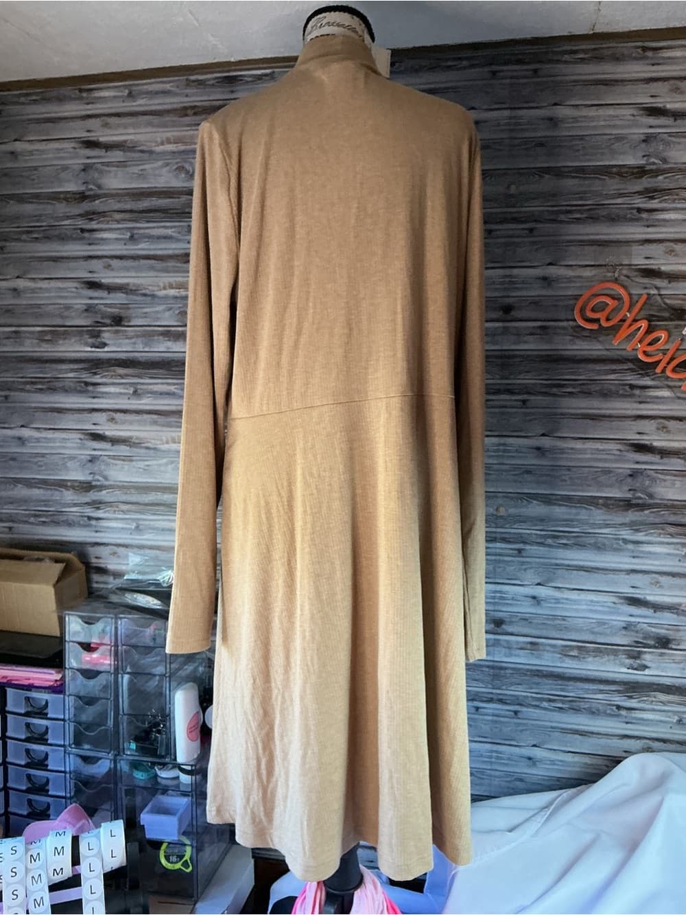 ⭐ Ribbed Camel Long Sleeve Midi Dress Mock Neck Flowy Minimalist - Thumbnail 7