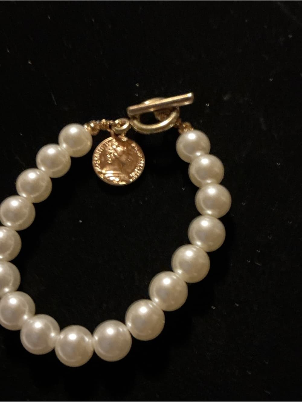 Faux Pearl Bracelet Gold Toggle Coin Charm Elegant - Thumbnail 2
