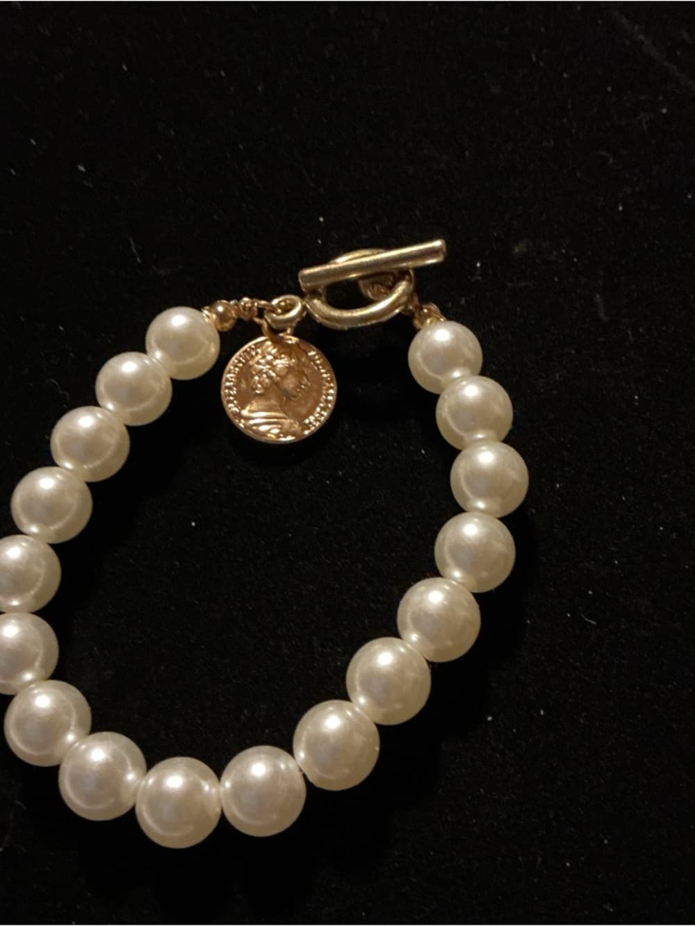 Faux Pearl Bracelet Gold Toggle Coin Charm Elegant