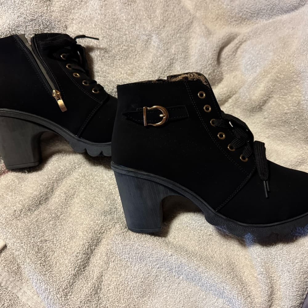 **Cato Black Lace Up Ankle Boots Leopard Lining Chunky Heel Booties