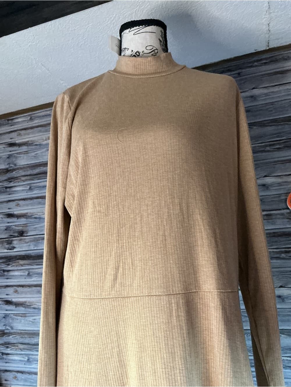 ⭐ Ribbed Camel Long Sleeve Midi Dress Mock Neck Flowy Minimalist - Thumbnail 5