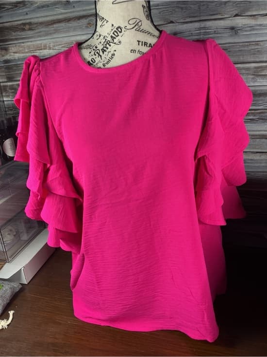 ⭐ Pink Ruffle Sleeve Blouse Flowy Lightweight Casual Chic Top - Thumbnail 6