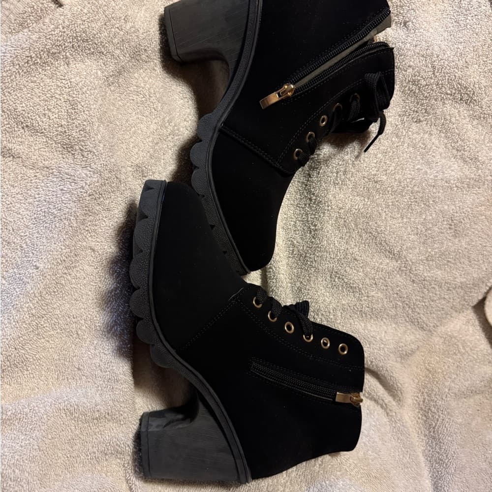 **Cato Black Lace Up Ankle Boots Leopard Lining Chunky Heel Booties - Thumbnail 5