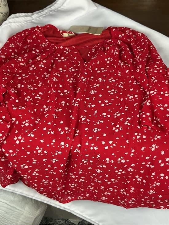 ⭐ NWT Timeson Red White Print Blouse Ruffle Sleeve Top XL - Thumbnail 5