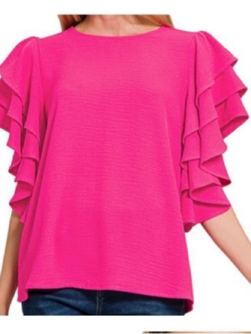 ⭐ Pink Ruffle Sleeve Blouse Flowy Lightweight Casual Chic Top - Thumbnail 2