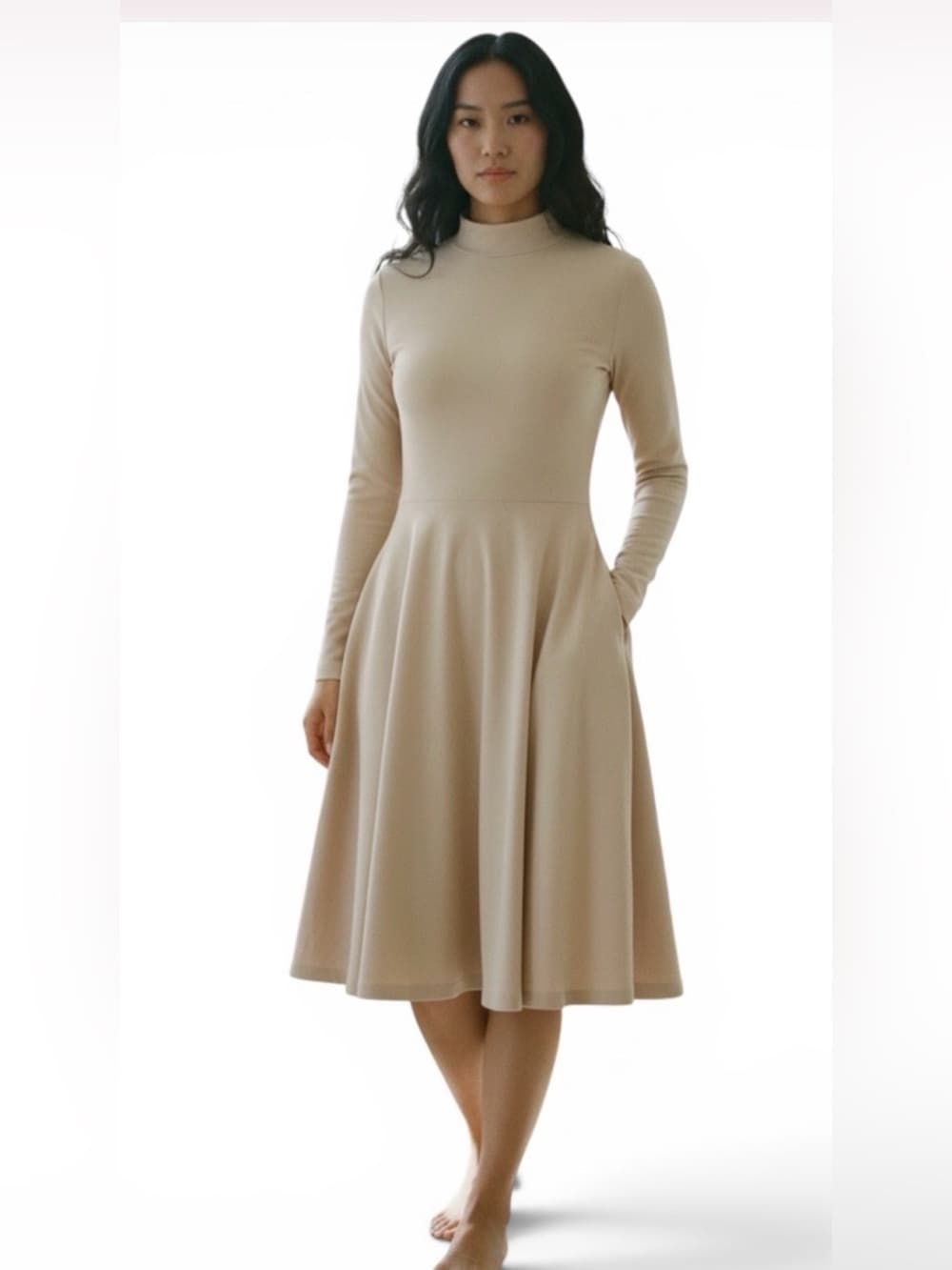 ⭐ Ribbed Camel Long Sleeve Midi Dress Mock Neck Flowy Minimalist - Thumbnail 9