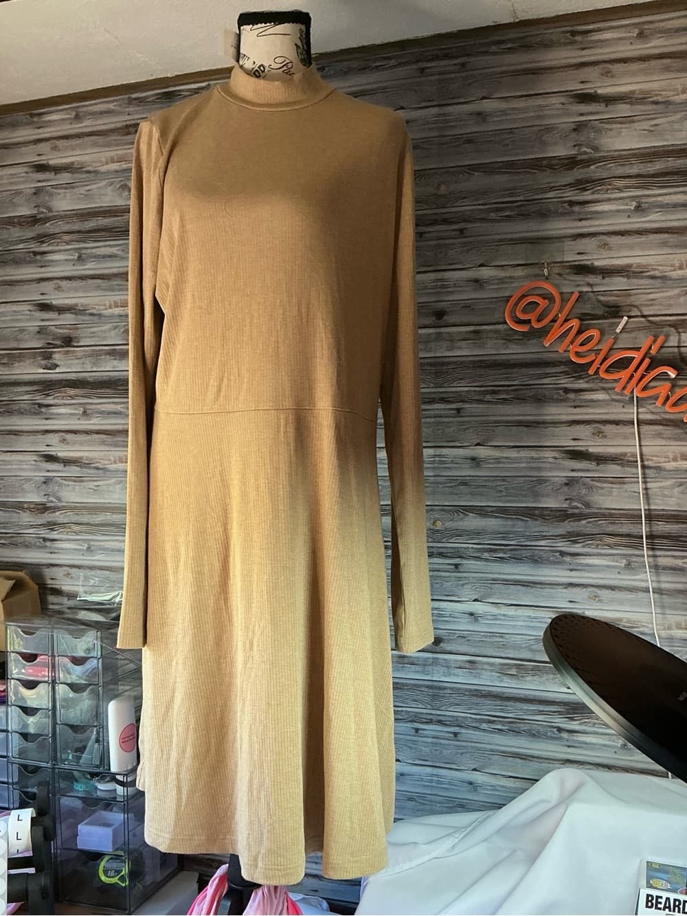 ⭐ Ribbed Camel Long Sleeve Midi Dress Mock Neck Flowy Minimalist - Thumbnail 4