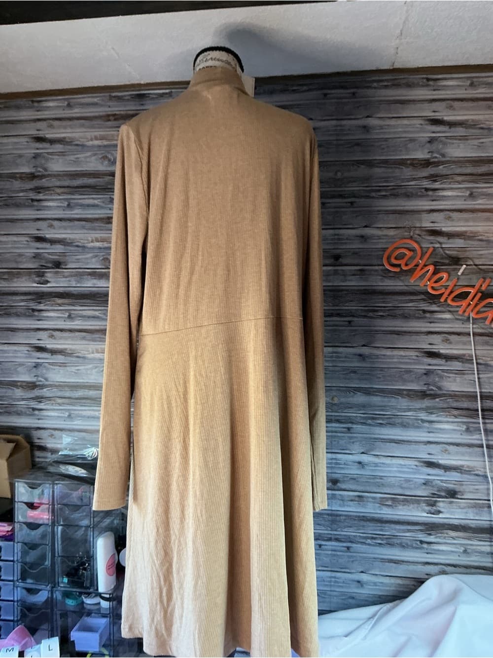 ⭐ Ribbed Camel Long Sleeve Midi Dress Mock Neck Flowy Minimalist - Thumbnail 8