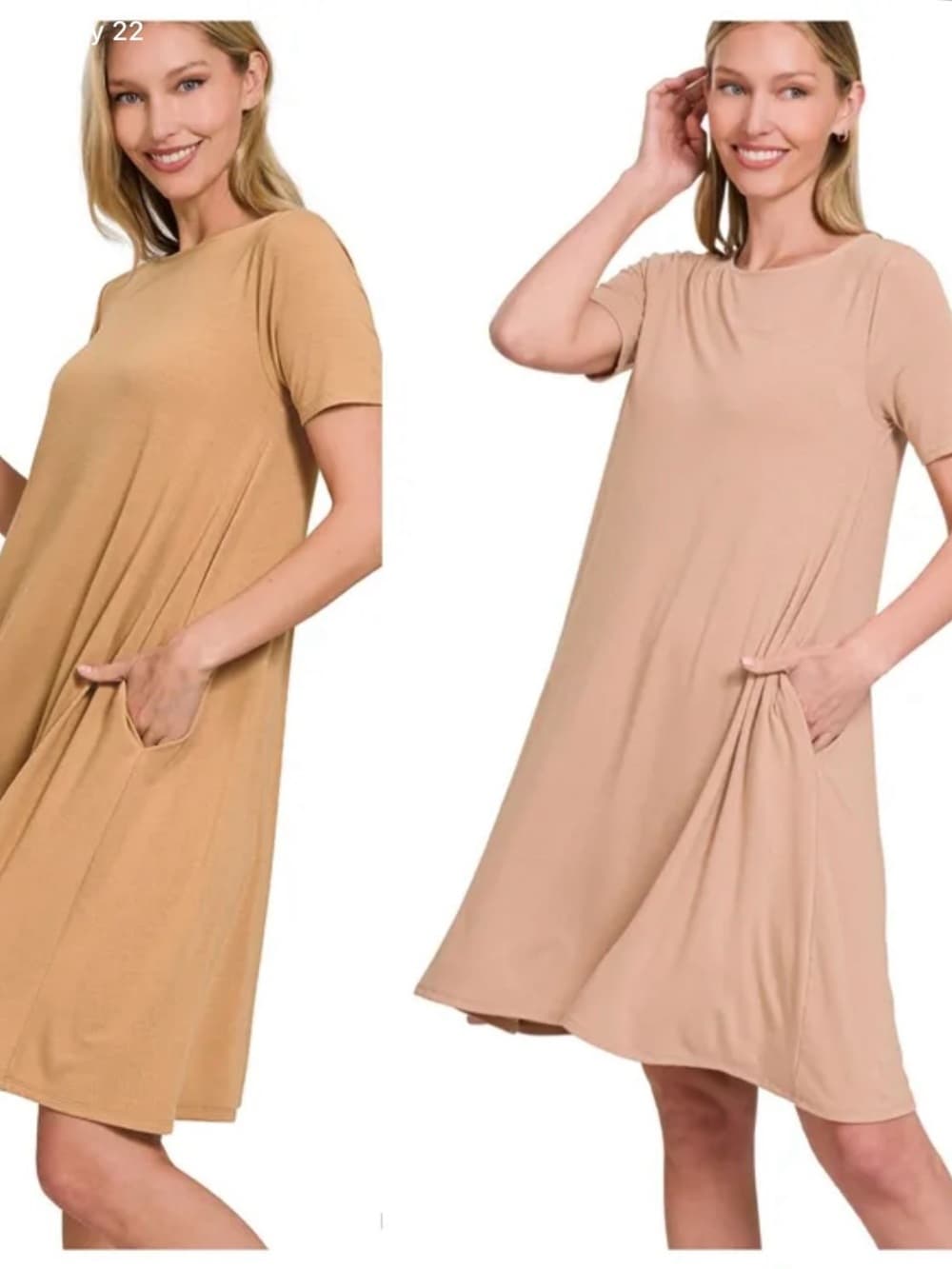 ⭐ Soft Sand Beige Swing Dress Pockets Casual Comfy Everyday Style