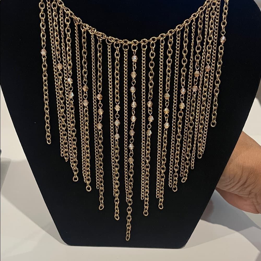 Gold Tone Chain Fringe Statement Necklace Beaded Dangle Bib Style - Thumbnail 9
