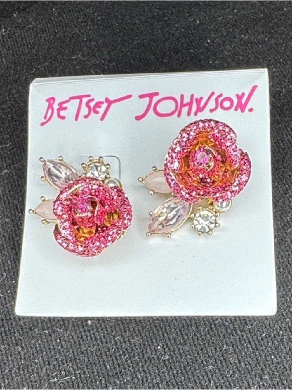 ⭐ Betsey Johnson Pink Glitter Rose Crystal Floral Stud Earrings Glam - Thumbnail 5