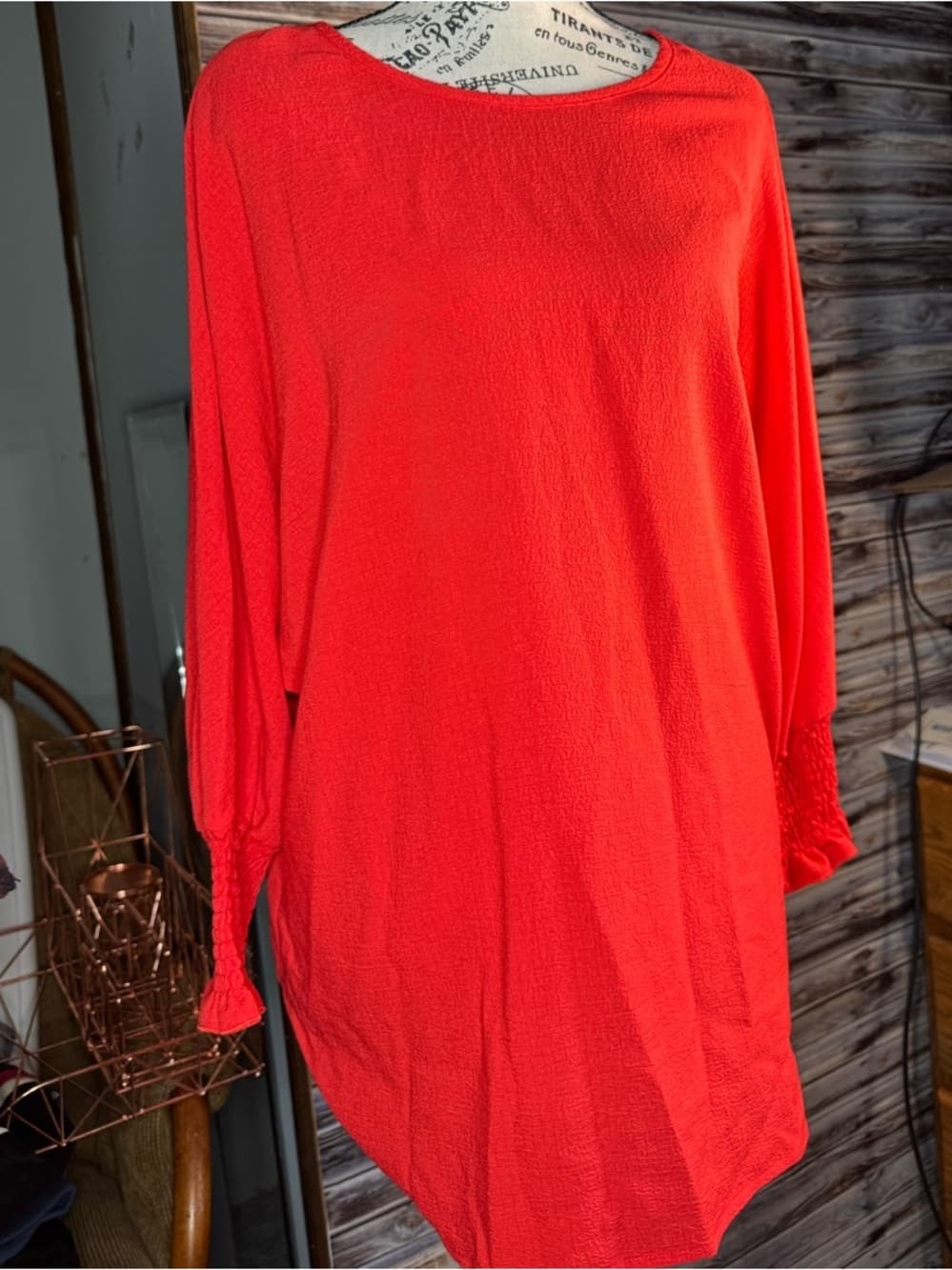 ⭐ Bright Red Textured Blouse XXL Long Sleeve Smocked Cuff Top - Thumbnail 10