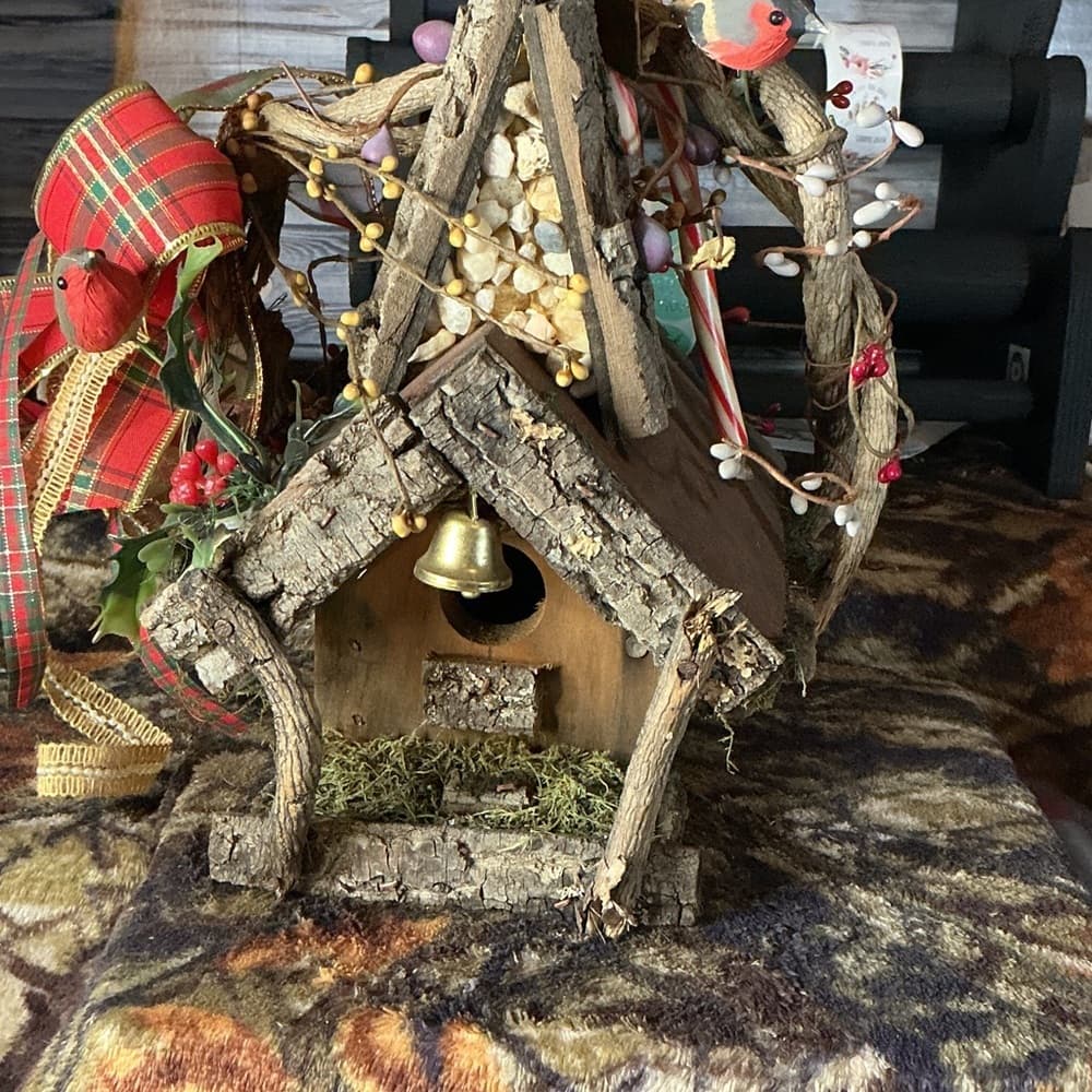 Charming Rustic Birdhouse with Bell and Red Accents - Thumbnail 7