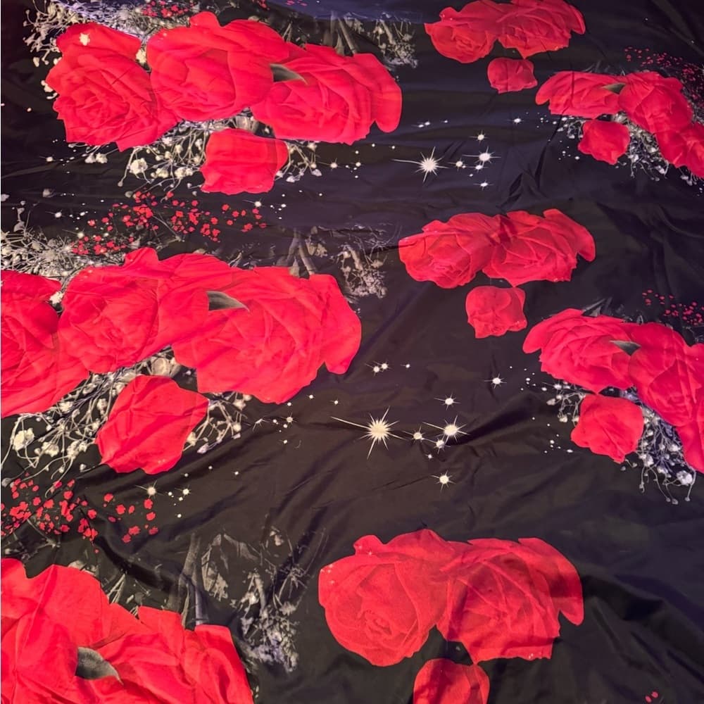 ★ King Flat Sheet & 2 King Shams Red Rose Floral Black Bedding Set - Thumbnail 2
