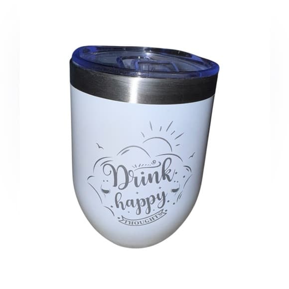 ★ Drink Happy Thoughts White Stainless Steel Wine Tumbler With Lid - Thumbnail 4