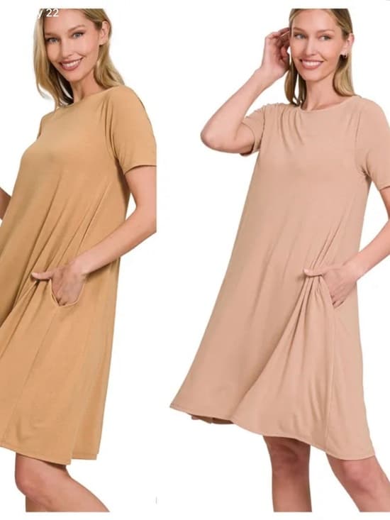 ⭐ Soft Sand Beige Swing Dress Pockets Casual Comfy Everyday Style - Thumbnail 2