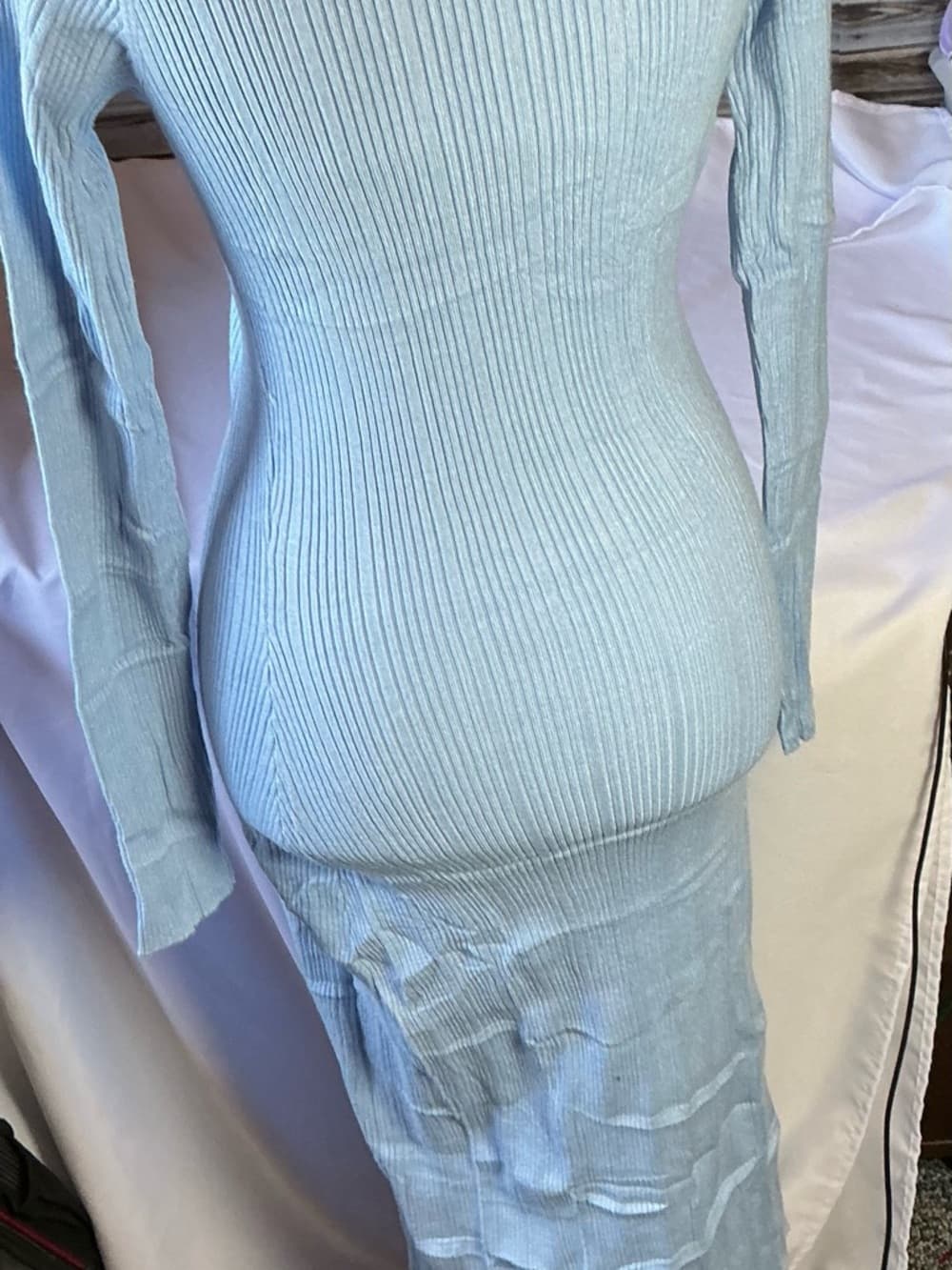 ⭐ Light Blue Ribbed Sweater Dress Cowl Neck Bodycon Midi Stretch