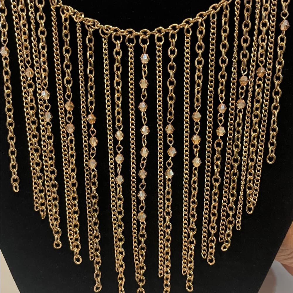 Gold Tone Chain Fringe Statement Necklace Beaded Dangle Bib Style