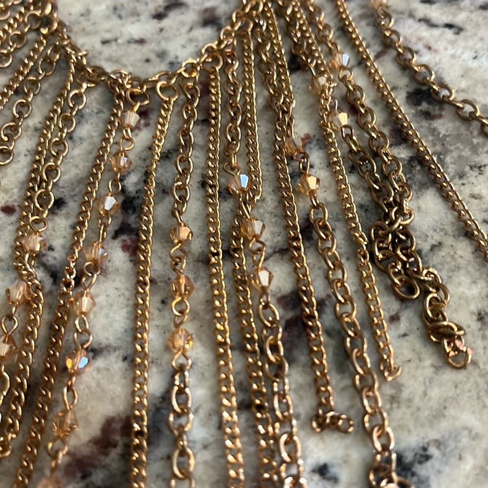 Gold Tone Chain Fringe Statement Necklace Beaded Dangle Bib Style - Thumbnail 3