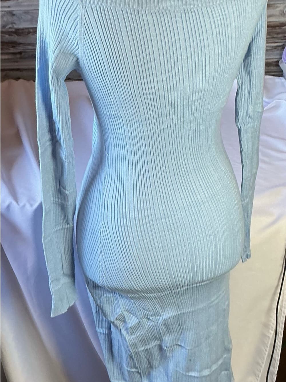 ⭐ Light Blue Ribbed Sweater Dress Cowl Neck Bodycon Midi Stretch - Thumbnail 2