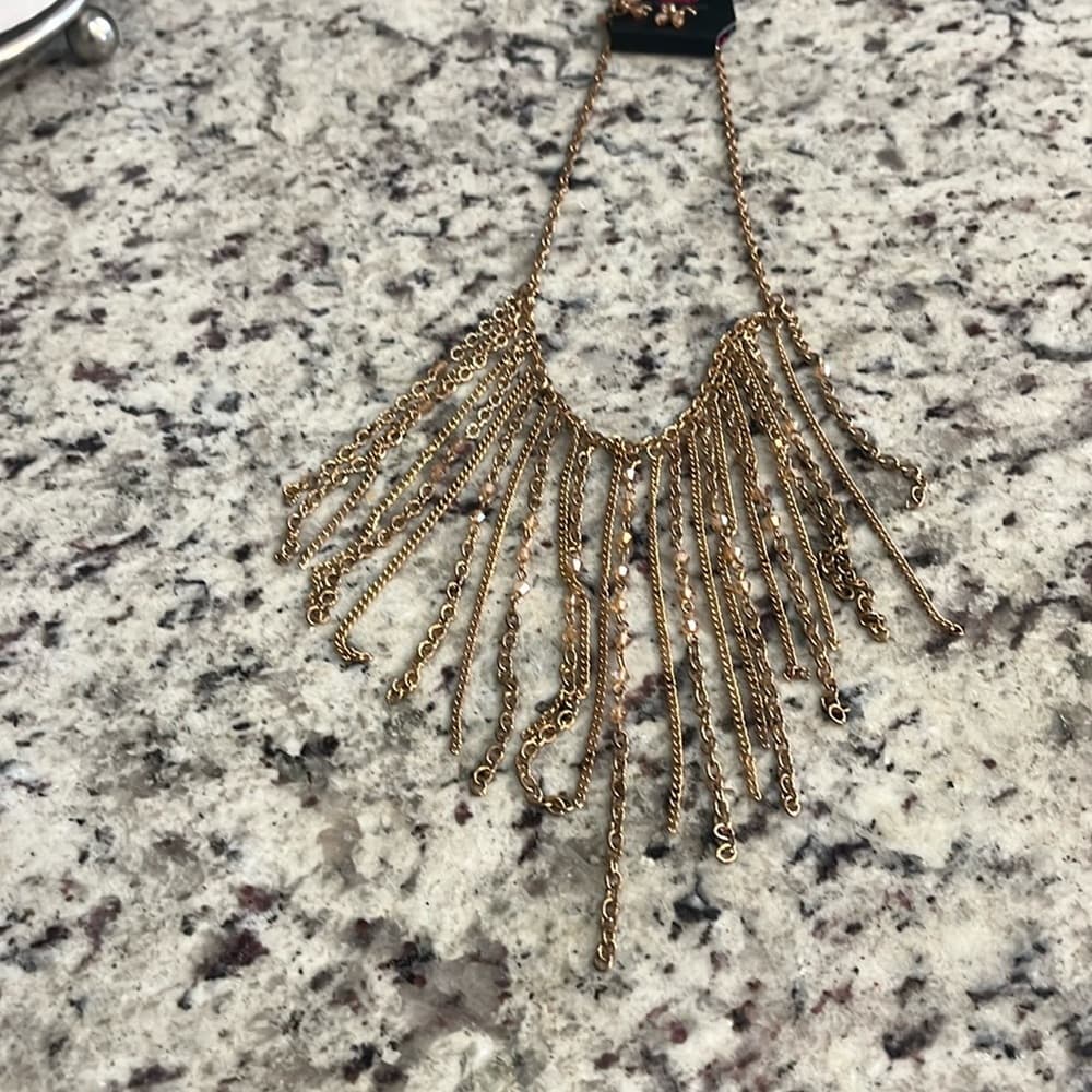 Gold Tone Chain Fringe Statement Necklace Beaded Dangle Bib Style - Thumbnail 4