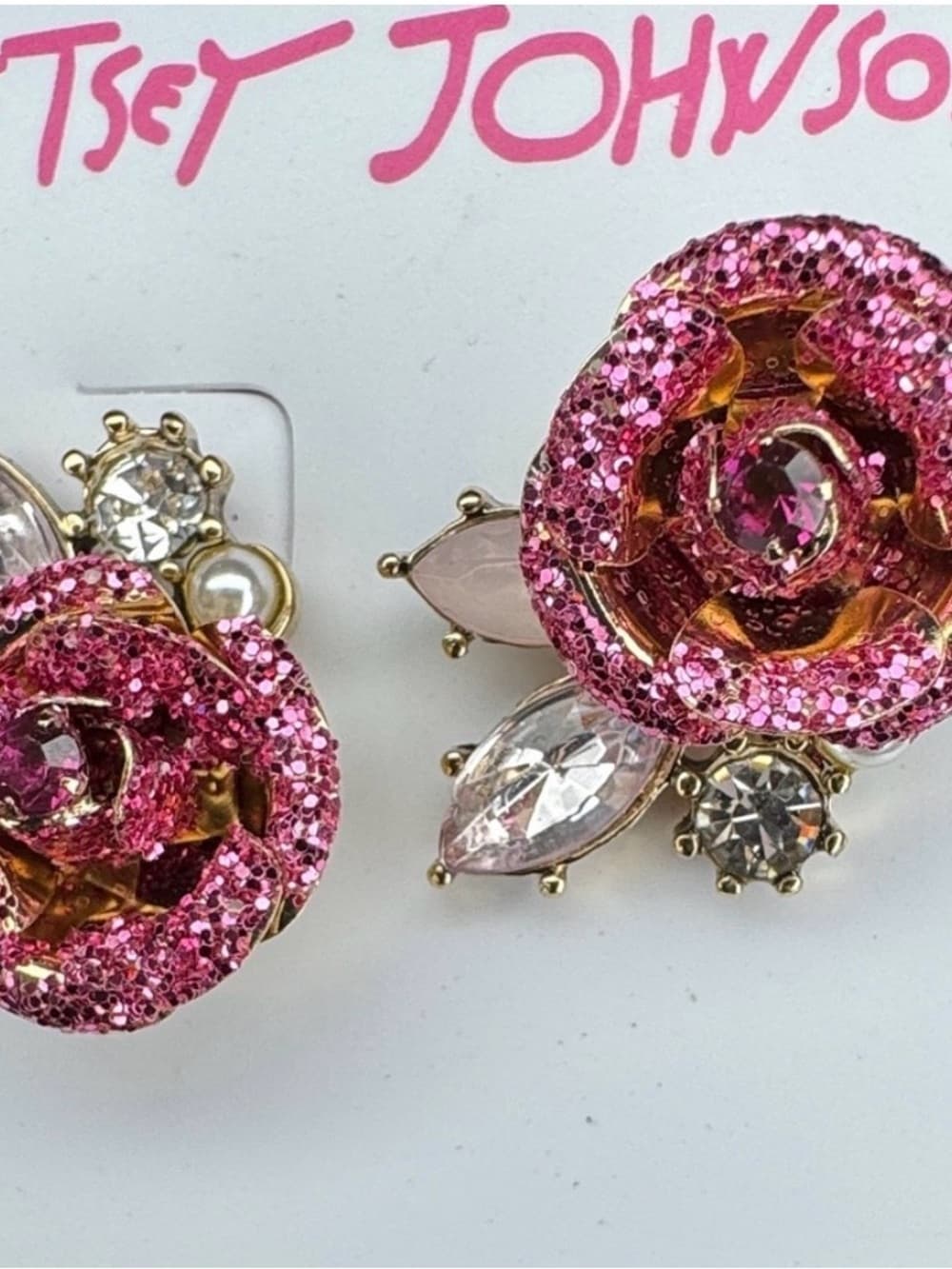 ⭐ Betsey Johnson Pink Glitter Rose Crystal Floral Stud Earrings Glam - Thumbnail 2
