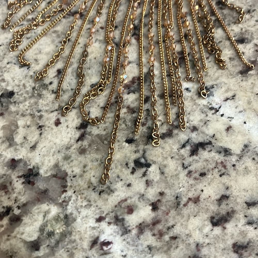 Gold Tone Chain Fringe Statement Necklace Beaded Dangle Bib Style - Thumbnail 6