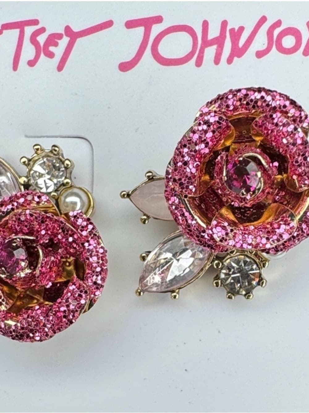⭐ Betsey Johnson Pink Glitter Rose Crystal Floral Stud Earrings Glam