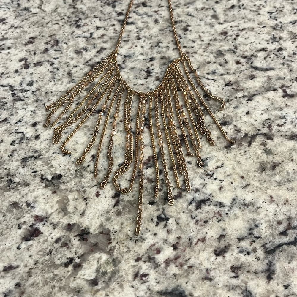 Gold Tone Chain Fringe Statement Necklace Beaded Dangle Bib Style - Thumbnail 5
