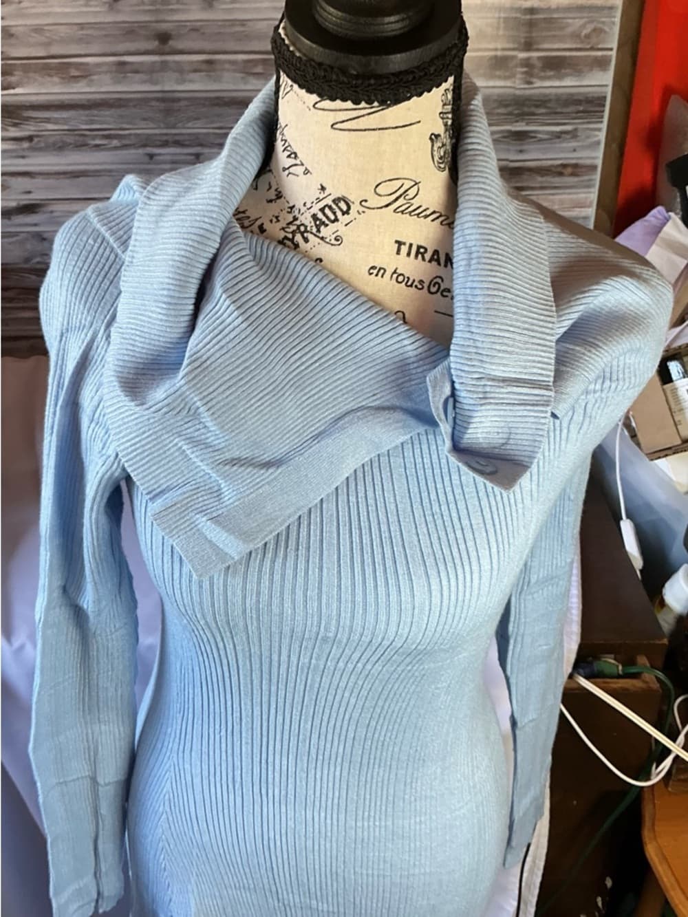 ⭐ Light Blue Ribbed Sweater Dress Cowl Neck Bodycon Midi Stretch - Thumbnail 4