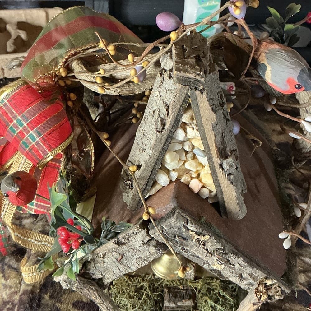 Charming Rustic Birdhouse with Bell and Red Accents - Thumbnail 6